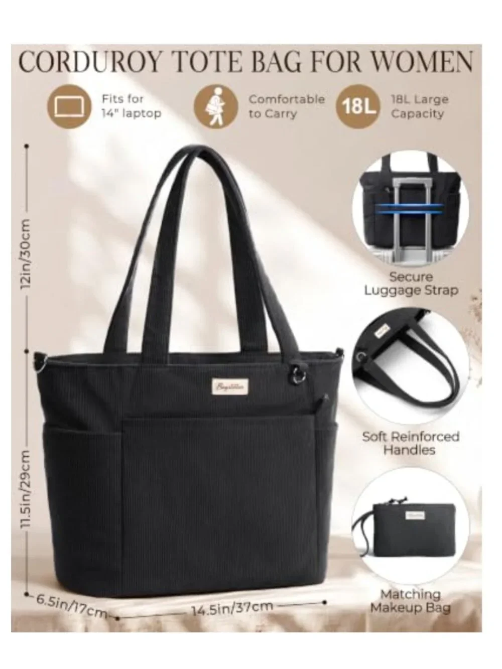 Corduroy Tote Bag for Women Work Laptop Teacher Nurse